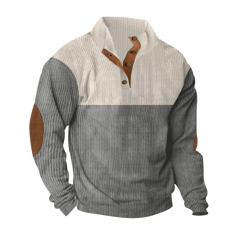 Herren nan gerippter Pullover mit Stehkragen, Knopfleiste und Ellbogen-Patches Echo Archiv
