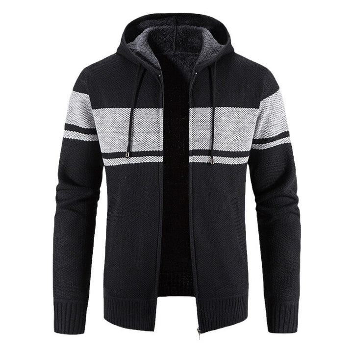 Herren Strickjacke mit Kapuze und kontrastierendem Streifenmuster Echoarchiv