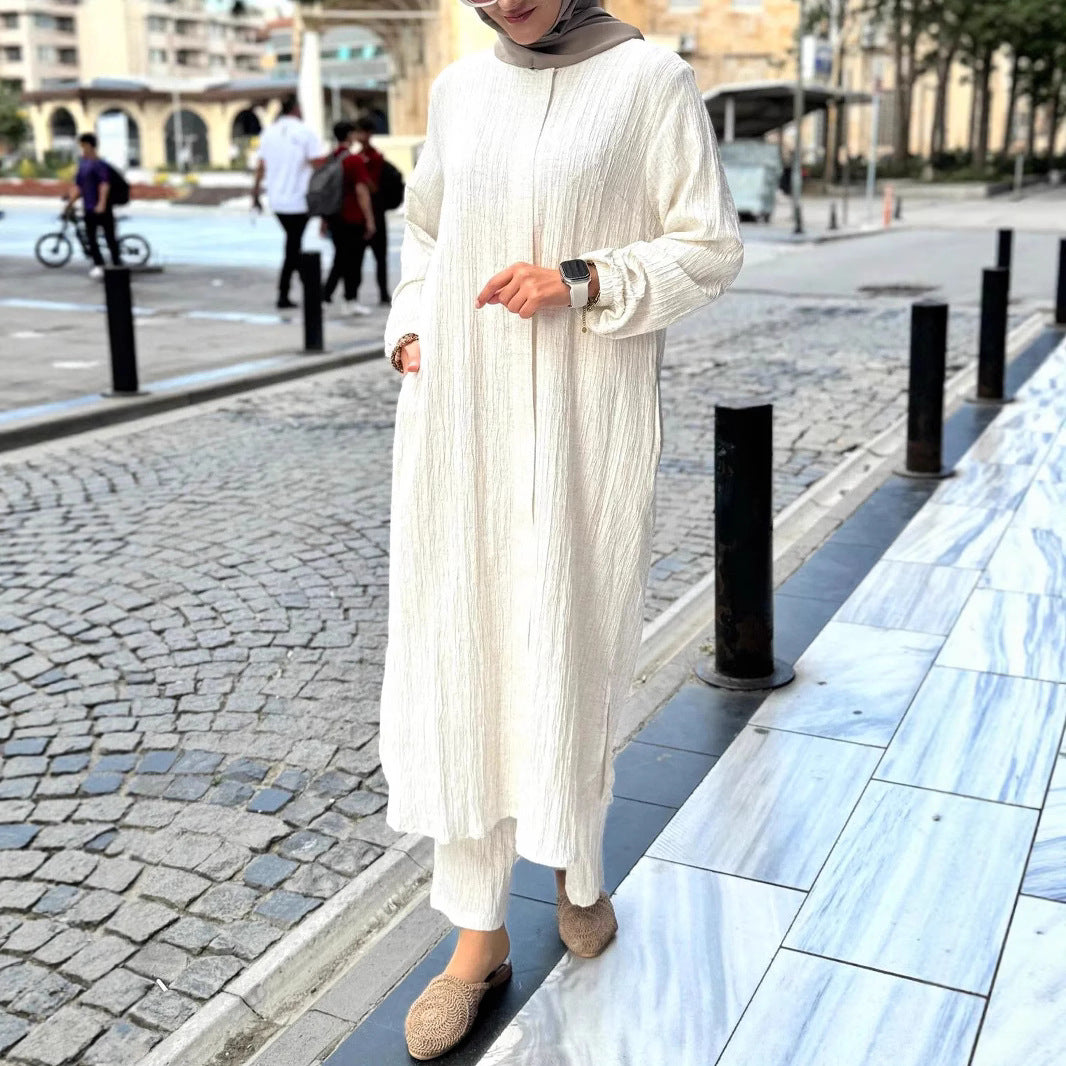 Damen Langes Crinkle-Kaftankleid mit Ballonärmeln und Stehkragenoptik Echoarchiv