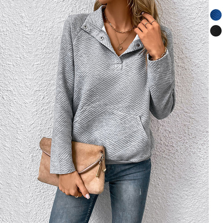 Damen Steppstrukturiertes Sweatshirt mit Druckknopfkragen, V‑Ausschnitt und Kängurutasche Echoarchiv