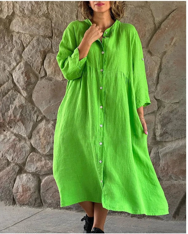 Damen Oversize Midi Kleid im Leinen-Look mit Stehkragen, Knopfleiste und Seiten Taschen – Élara