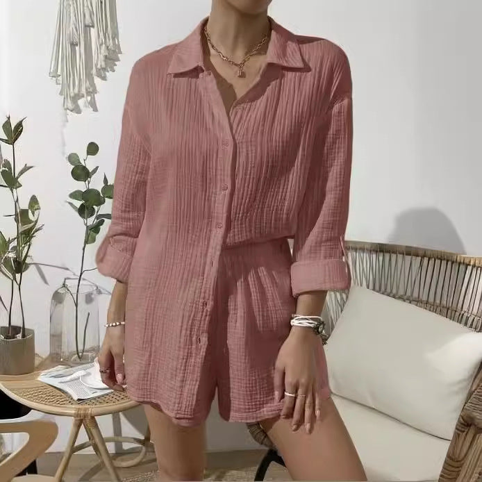 Damen nan luftig-leichter Zweiteiler Lounge-Set aus Baumwoll-Gauze mit Hemdbluse und elastischer Taillen-Shorts Echo Archiv