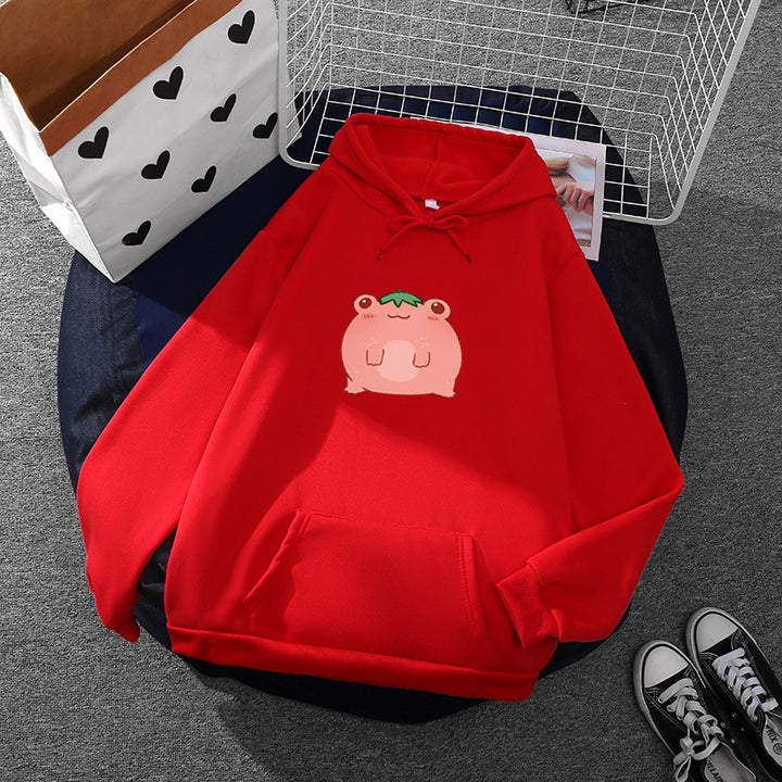 Damen oversized Kapuzenpullover aus Microfleece mit Cartoonfrosch-Motiv und Kängurutasche – Auréline