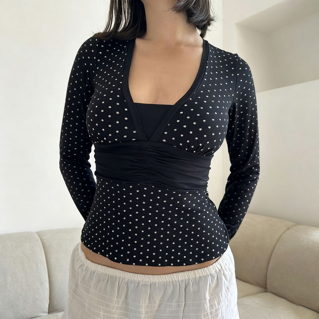 Damen nan taillierte Wickelbluse mit Polka‑Dot Muster, tiefem V‑Ausschnitt und breitem Taillenband Echo Archiv