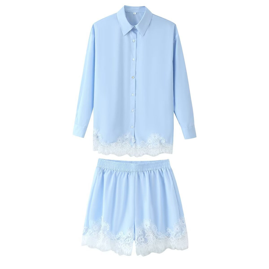 Damen Zweiteiliges Satin-Schlafanzug-Set mit Spitzenbesatz und Hemdjacke Echo Archiv