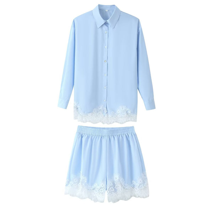 Damen Zweiteiliges Satin-Schlafanzug-Set mit Spitzenbesatz und Hemdjacke Echo Archiv