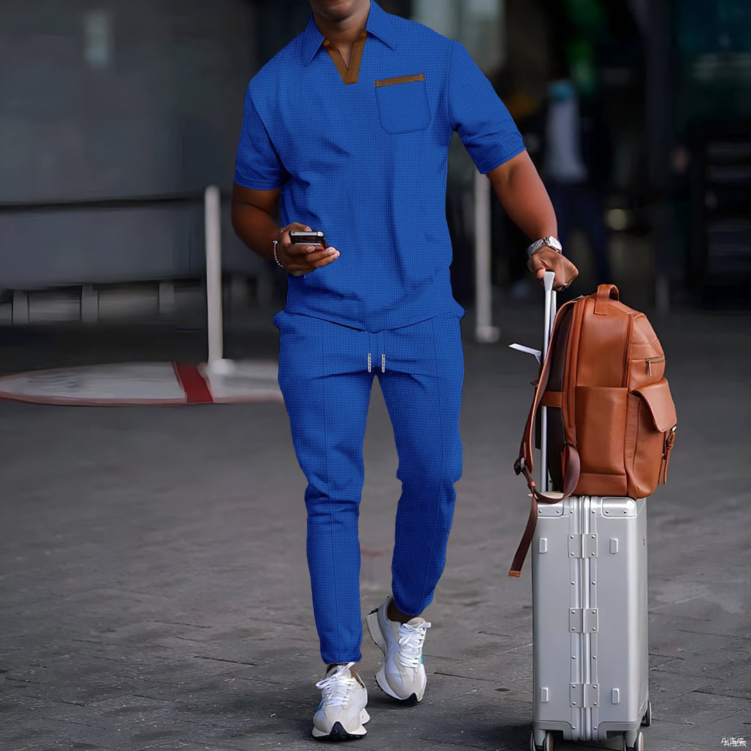 Herren nan lässiges Freizeitset aus elastischem Jersey mit V-Ausschnitt Brusttasche und Kordelbund Echo Archiv