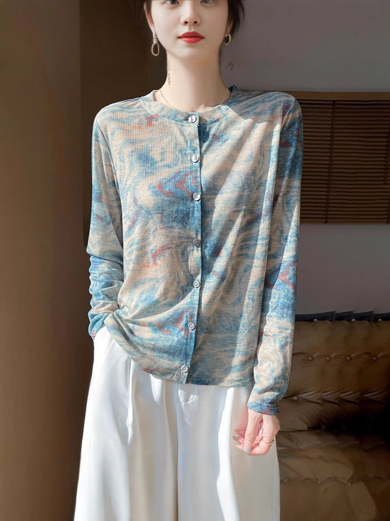 Damen Leichter Aquarell‑Print Feinstrick‑Cardigan mit Rundhalsausschnitt und Knopfleiste Echoarchiv