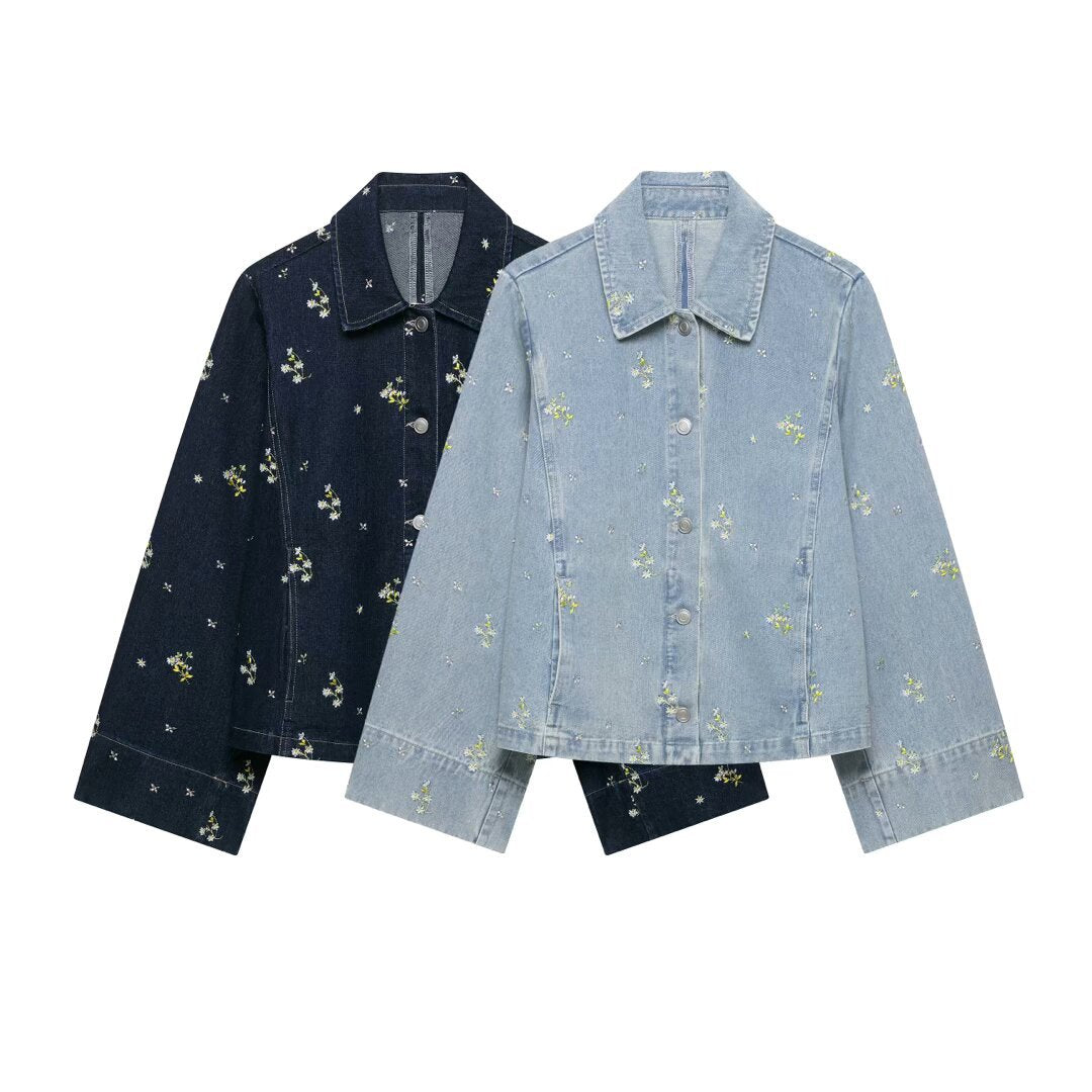 Damen Jeansjacke mit floraler Stickerei und kastiger Silhouette Echo Archiv