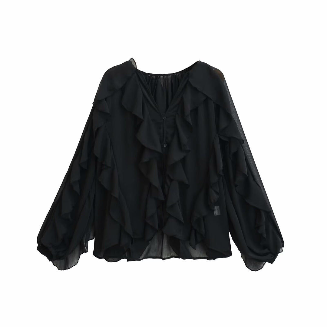 Damen Volant-Chiffonbluse mit Knopfleiste, gerafftem Ausschnitt und Ballonärmeln Echo Archiv