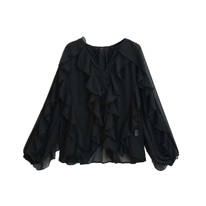 Damen Volant-Chiffonbluse mit Knopfleiste, gerafftem Ausschnitt und Ballonärmeln Echo Archiv