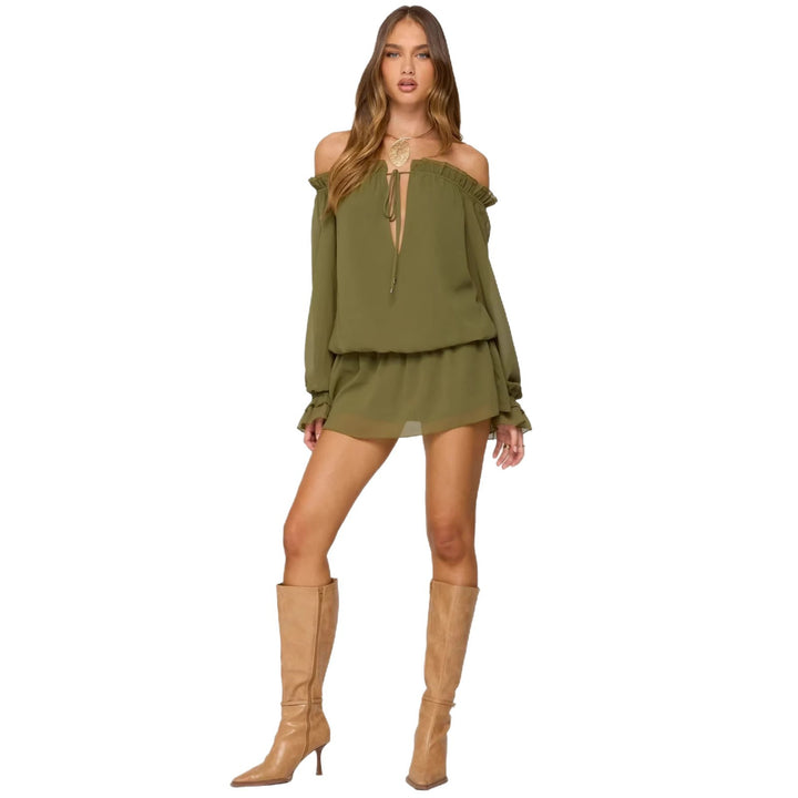 Damen Off-Shoulder Kleid mit voluminösen Puffärmeln und Rüschensaum Echo Archiv