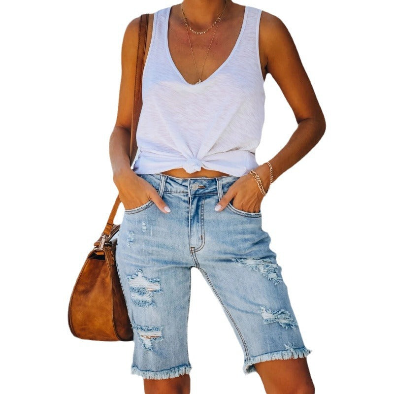 Damen Destroyed Denim Shorts Im Lässigen Schnitt mit Fransigen Säumen Echoarchiv