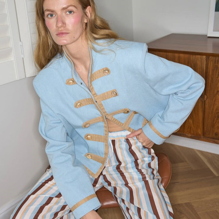 Damen Gestreiftes leichtes Loungewear-Set aus Viskose mit verkürztem Hemd & weiter Kordelhose Echoarchiv