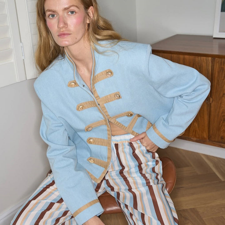Damen Gestreiftes leichtes Loungewear-Set aus Viskose mit verkürztem Hemd & weiter Kordelhose Echoarchiv