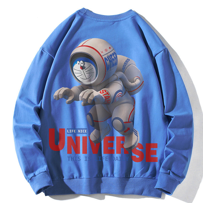 Unisex Oversize Pullover mit Cartoon-Astronauten-Frontprint, Rundhalsausschnitt und Rippbündchen – Auréline
