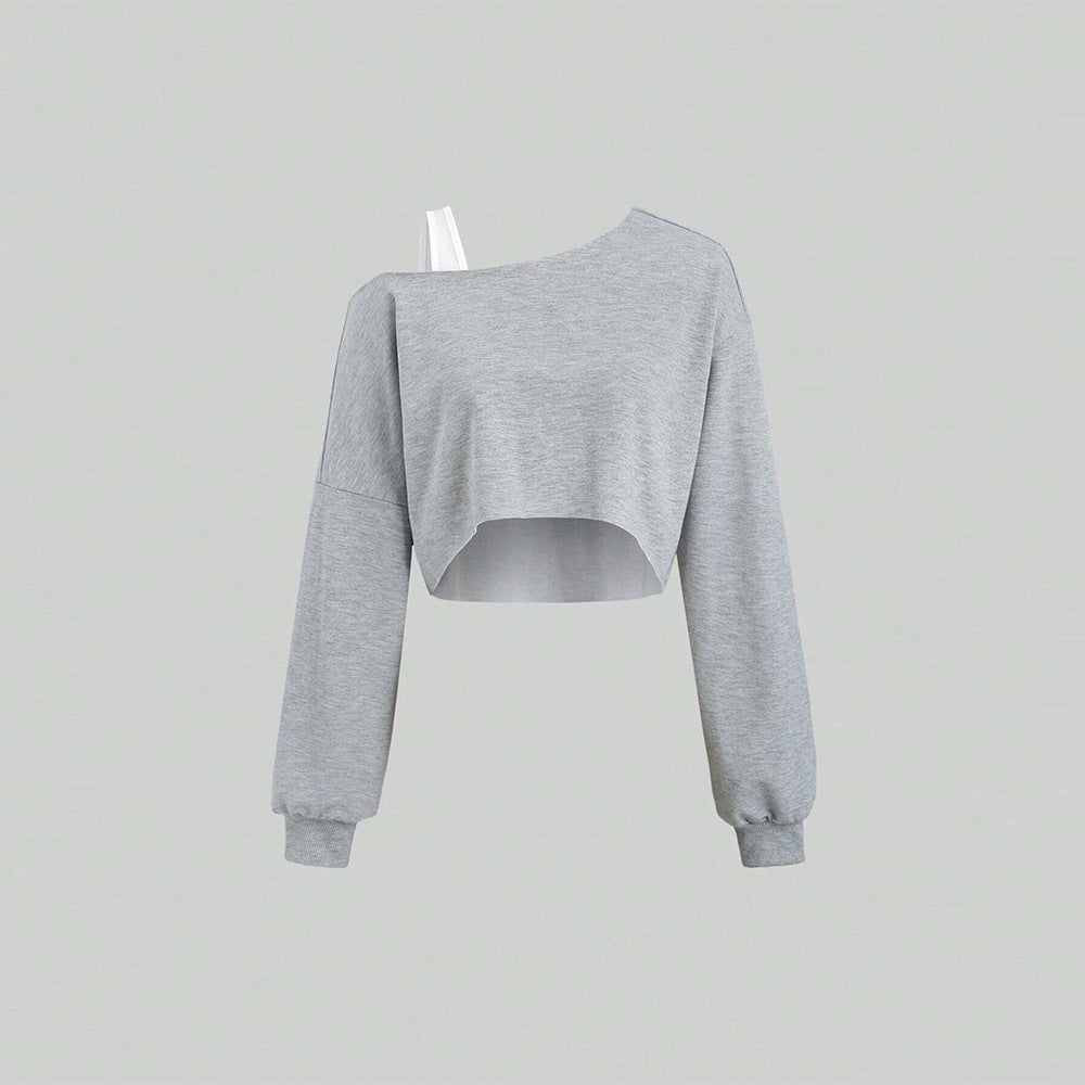 Damen cropped Off-Shoulder Sweatshirt mit einseitigem Träger, Ballonärmeln und Rippbündchen – Avérine