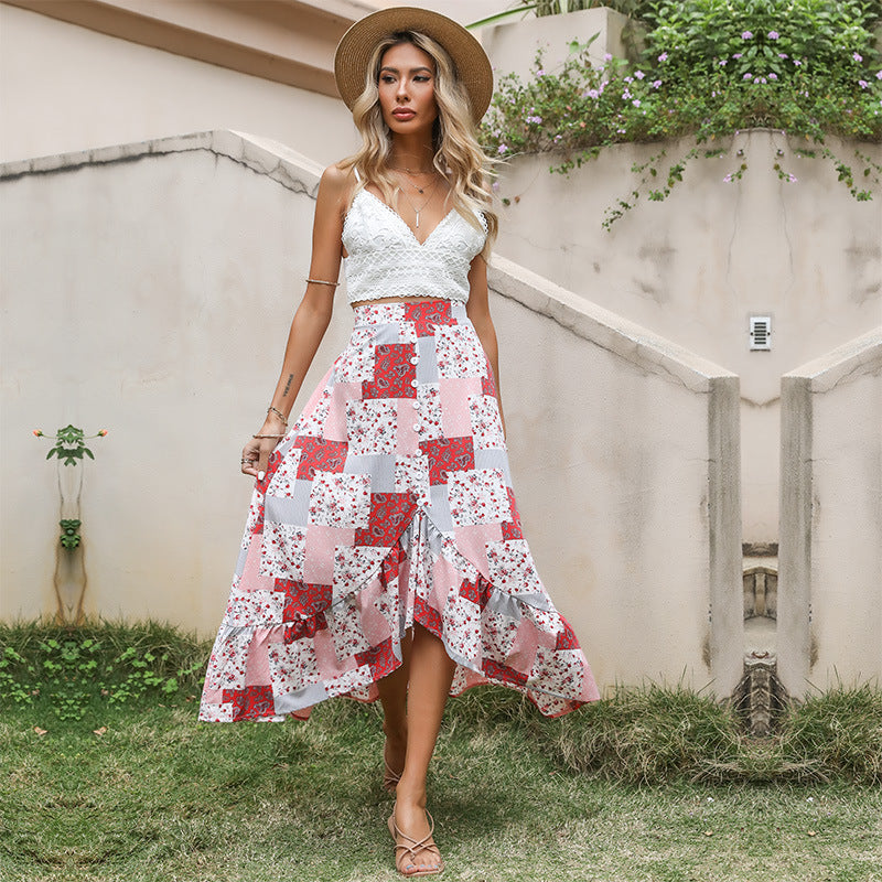 Damen Patchwork-Midirock mit Knopfleiste und asymmetrischem Volant – Rosévia
