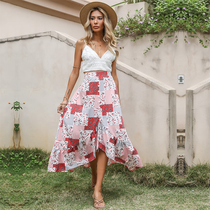 Damen Patchwork-Midirock mit Knopfleiste und asymmetrischem Volant – Rosévia