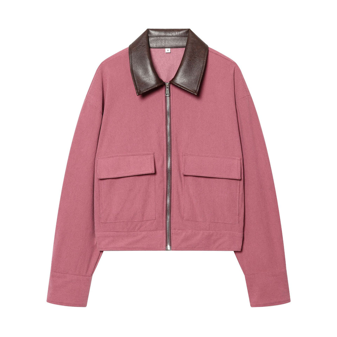 Damen cropped Cordjacke mit übergroßem Kunstlederkragen, Metallreißverschluss und großformatigen Pattentaschen – Célinea