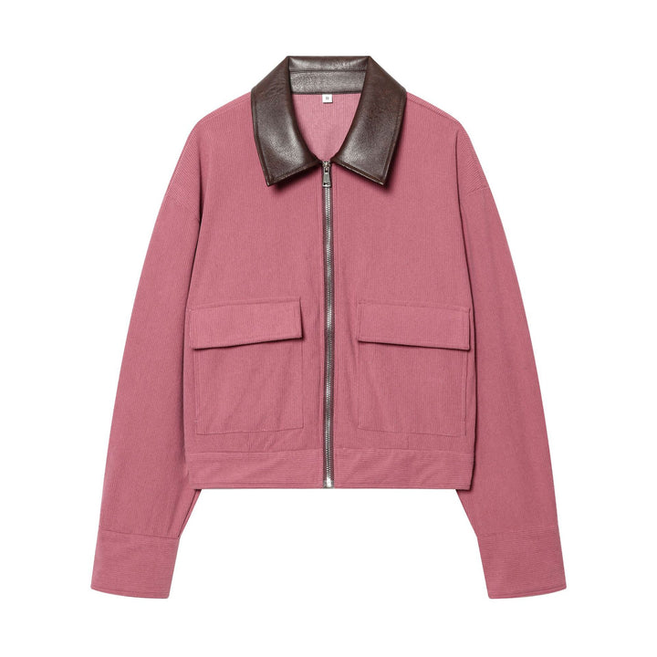 Damen cropped Cordjacke mit übergroßem Kunstlederkragen, Metallreißverschluss und großformatigen Pattentaschen – Célinea