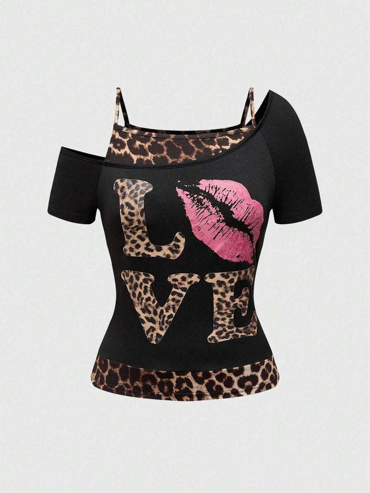 Damen Off-Shoulder Top mit Leopardenmuster und auffälligem Grafikdesign Echo Archiv