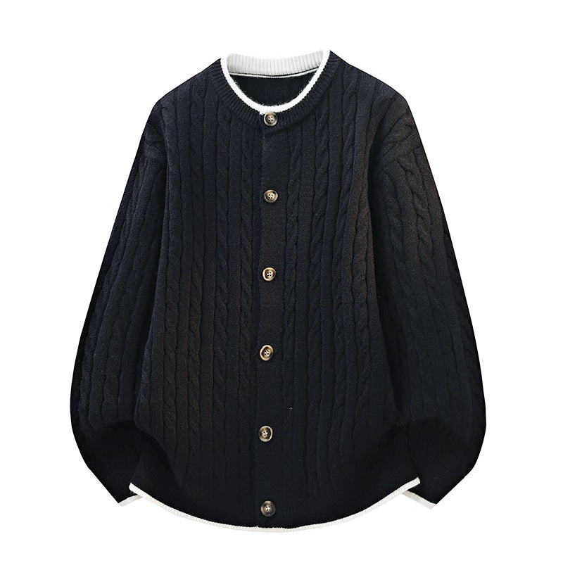 Damen Oversize Zopfstrick-Cardigan mit Rundhalsausschnitt, Holzknopfleiste & Kontrastbesatz Echoarchiv