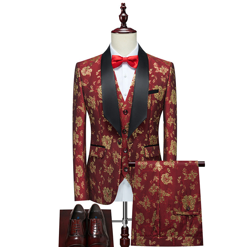 Herren Luxuriöses dreiteiliges Smoking-Set mit Schalrevers und Blumen-Jacquard Echo Archiv