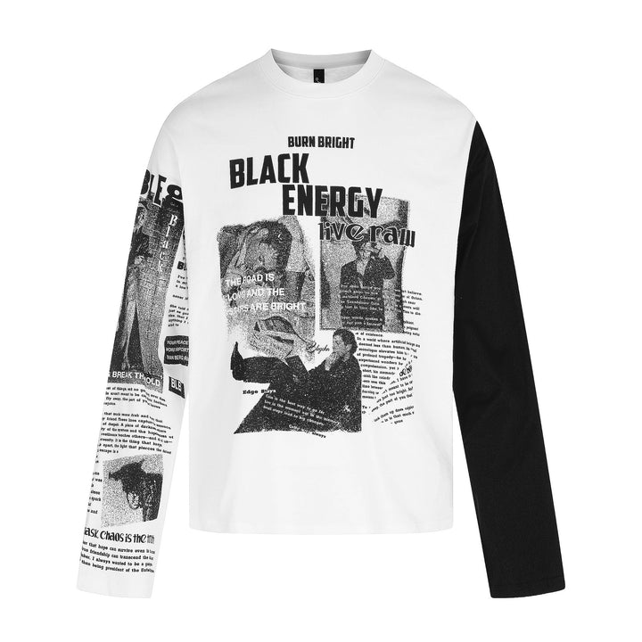 Unisex Kontrastärmliges Langarmshirt mit großflächigem Grafikprint und Ärmel-Collage Echoarchiv
