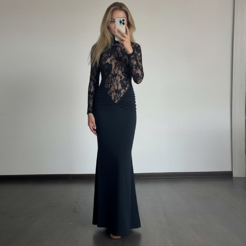 Damen Elegantes Langarm Kleid aus Spitze mit geraffter Silhouette Echo Archiv