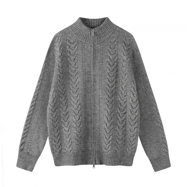 Damen Grobgestrickter Zopfstrick-Cardigan mit durchgehendem Reißverschluss und Stehkragen Echo Archiv