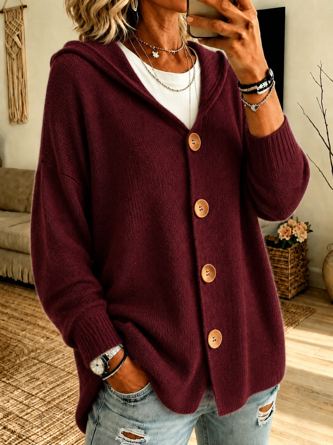 Damen Kapuzen-Cardigan Oversize mit Holzknöpfen und Rippbündchen – Veloura