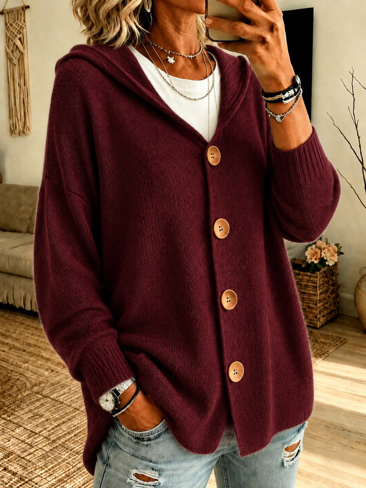 Damen Kapuzen-Cardigan Oversize mit Holzknöpfen und Rippbündchen – Veloura