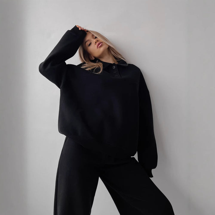 Damen Casual-Set aus schwerem French-Terry mit Polokragen-Cropped-Sweater und weitem High-Waist-Sweathose – Avérine