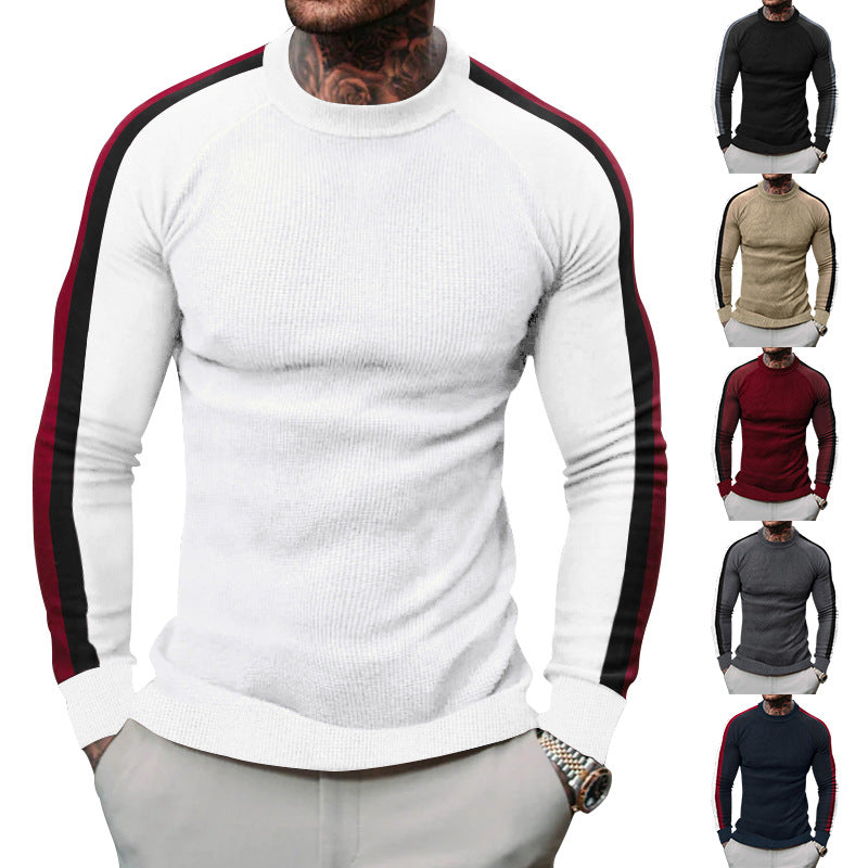 Herren sportlicher Strickpullover mit kontrastierenden Ärmeln und hohem Kragen Echoarchiv
