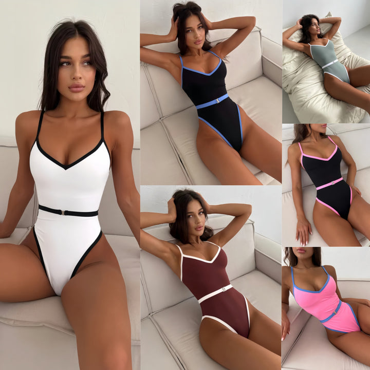 Damen Einteiliger Badeanzug mit sportlichem V-Ausschnitt und modischem Gürtel Echo Archiv