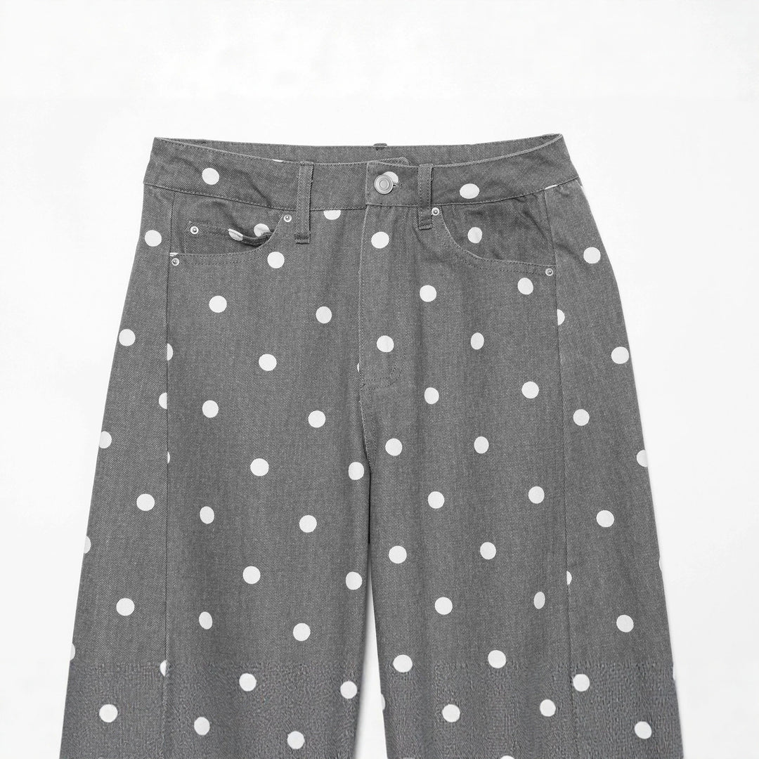Damen Hochgeschnittene Culotte-Jeans mit weitem Bein, Polka-Dot-Print und aufgesetzten Gesäßtaschen Echoarchiv