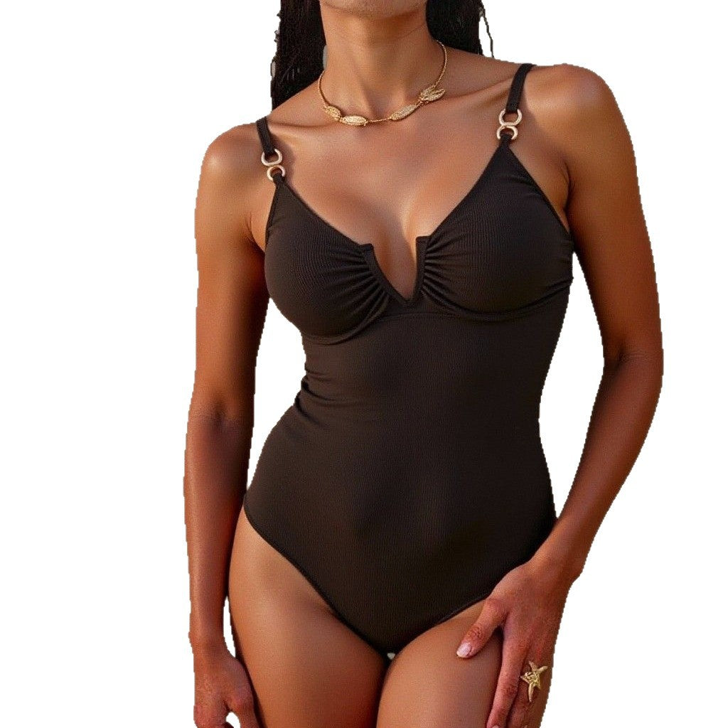 Damen Eleganter Schwimmanzug mit vertieftem Ausschnitt und feinem Rüschendetail Echo Archiv