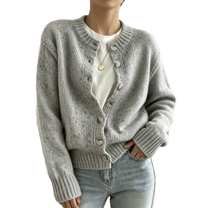 Damen Grobgestrickter Kurzcardigan mit Rundhalsausschnitt und meliertem Tweed-Effekt – Veloura