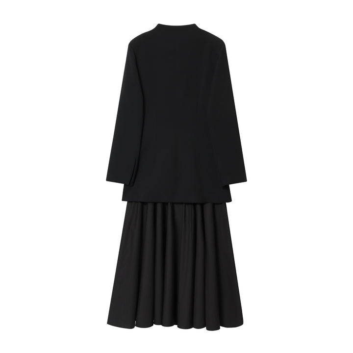 Damen kragenloser Longblazer mit offenem Vorderteil, Pattentaschen und leichtem Stretch – Célinea