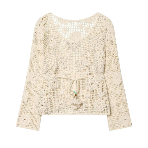 Damen Häkelpullover mit Blumen-Applikationen und Tunnelzug Echoarchiv