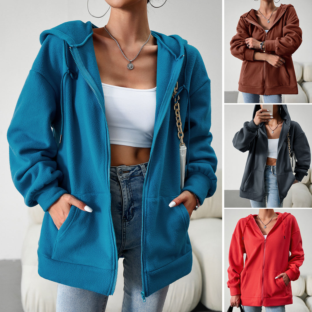 Damen kuscheliger Teddy-Fleece Zip-Hoodie mit Kapuze, tiefer Schulterpassform und Kängurutaschen – Auréline