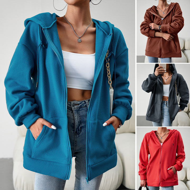 Damen kuscheliger Teddy-Fleece Zip-Hoodie mit Kapuze, tiefer Schulterpassform und Kängurutaschen – Auréline
