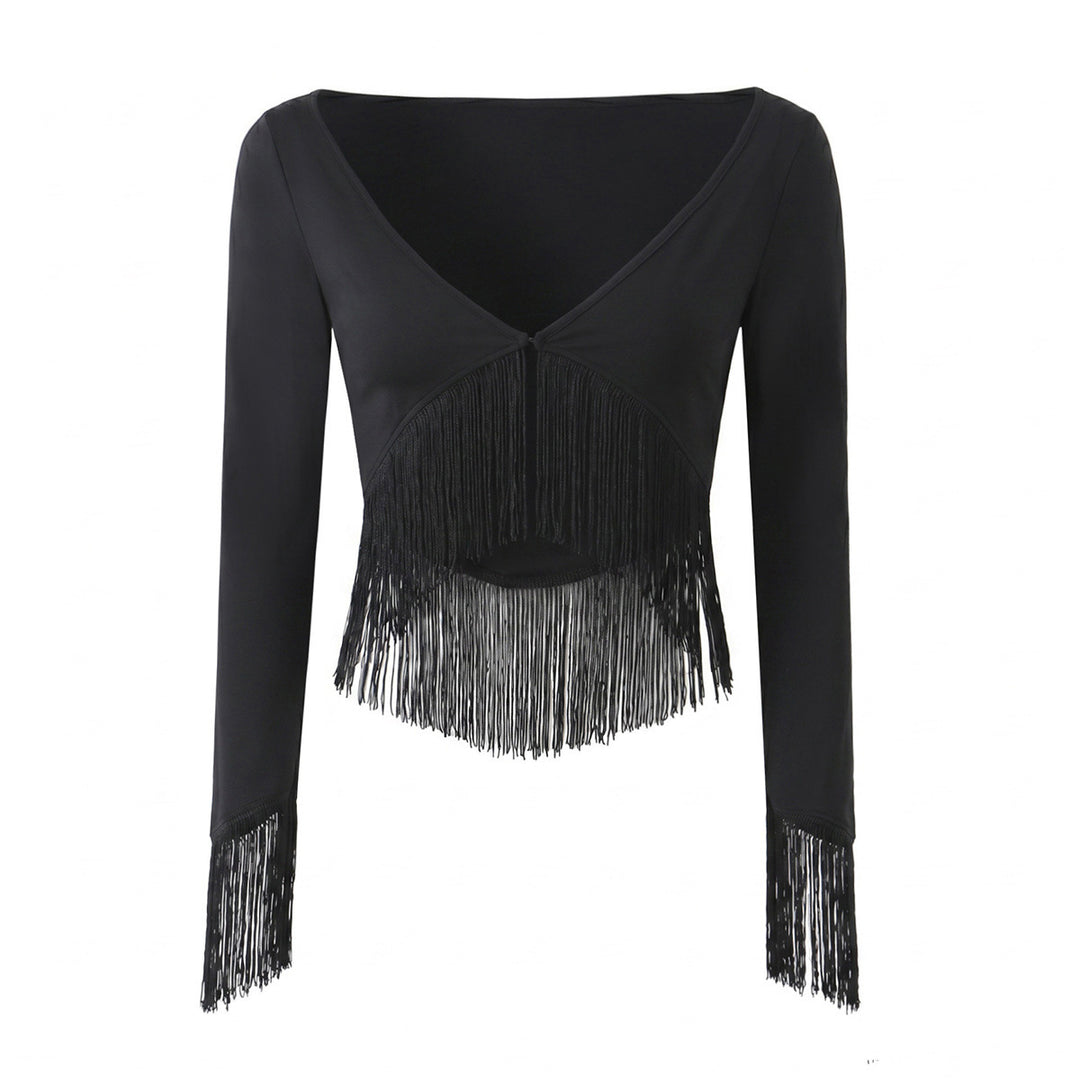Damen Cropped V‑Neck Oberteil mit langen Ärmeln und dekorativem Fransenbesatz Echo Archiv