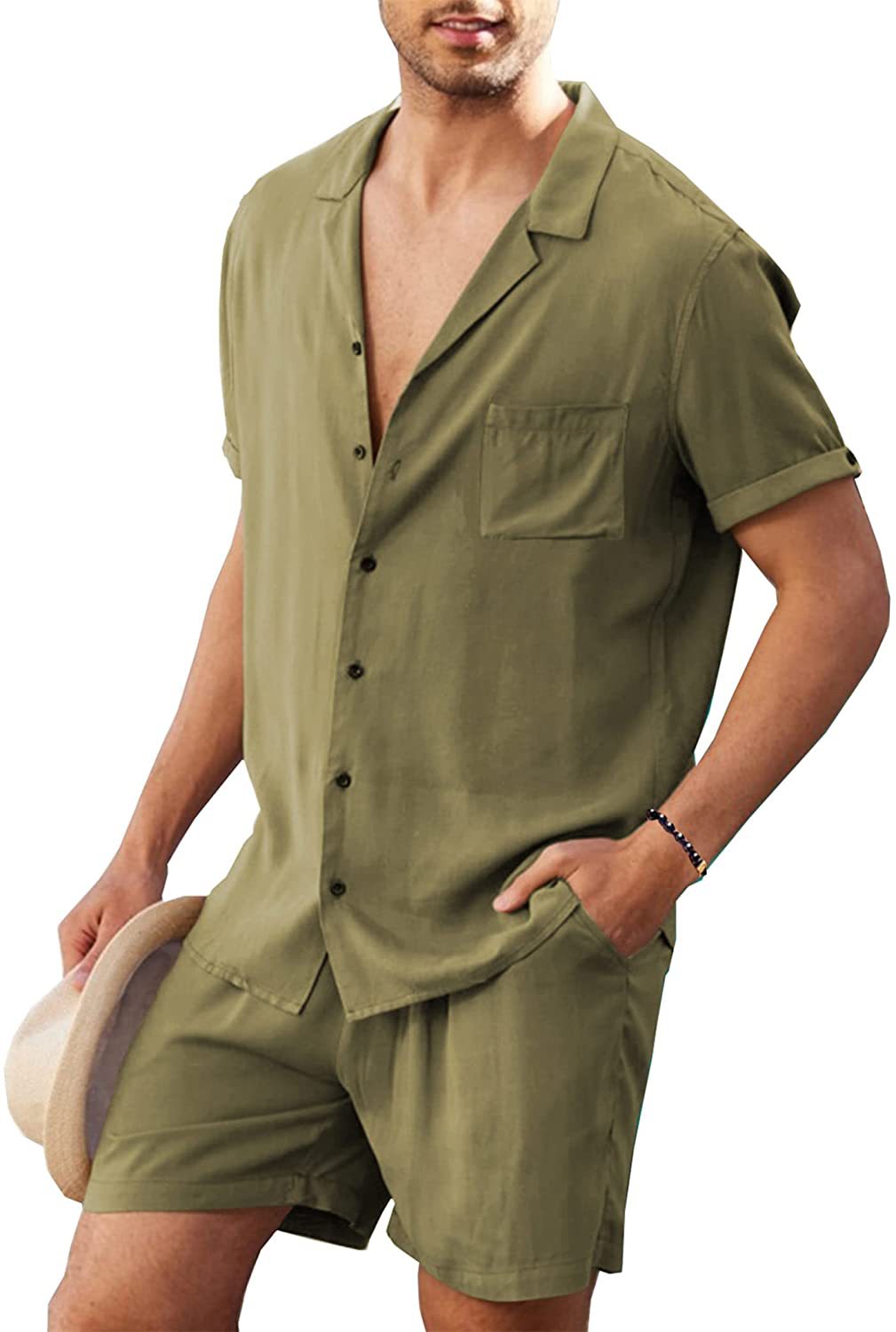 Herren nan zweiteiliges Sommer-Freizeitensemble mit offenem Revershemd und elastischer Kurzhose Echo Archiv