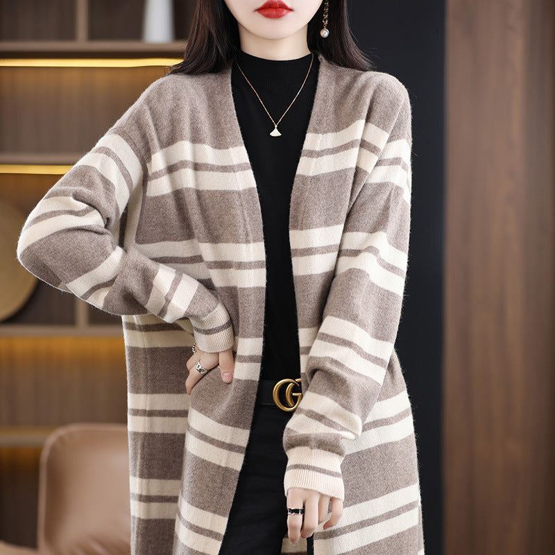 Damen Oversize-Longcardigan aus weichem Wollmix mit kontrastierenden Blockstreifen Echoarchiv