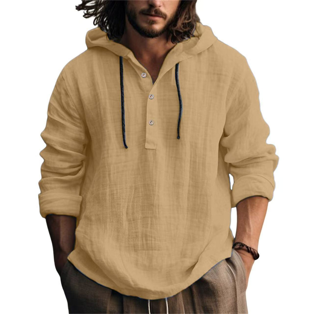 Herren Leichtes Kapuzenhemd im Leinenlook mit Henley-Knopfleiste – Arvello