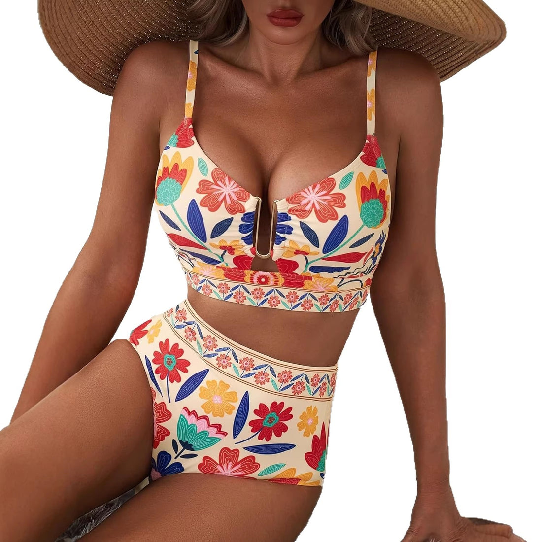 Damen Hoch geschnittener Bikini mit floralem Muster und Leo-Print – Maréssa