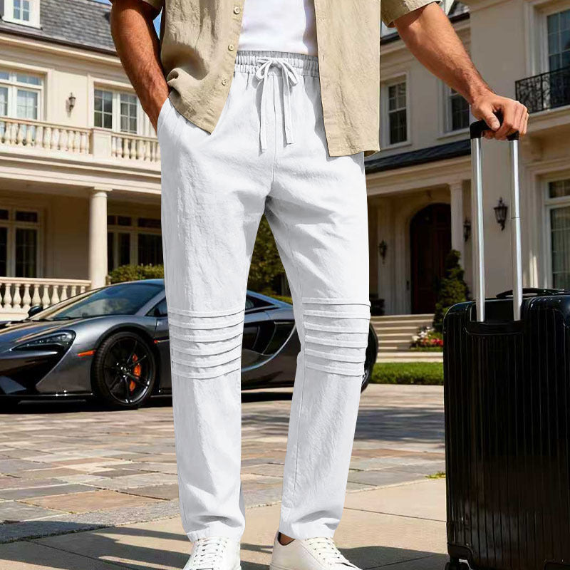 Herren Leinenoptik-Loungehose mit Tunnelzug elastischem Bund und abgesteppten Kniepanelen – Sorevano