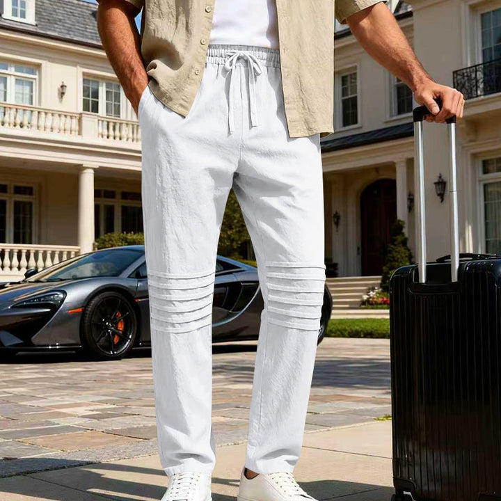 Herren Leinenoptik-Loungehose mit Tunnelzug elastischem Bund und abgesteppten Kniepanelen – Sorevano